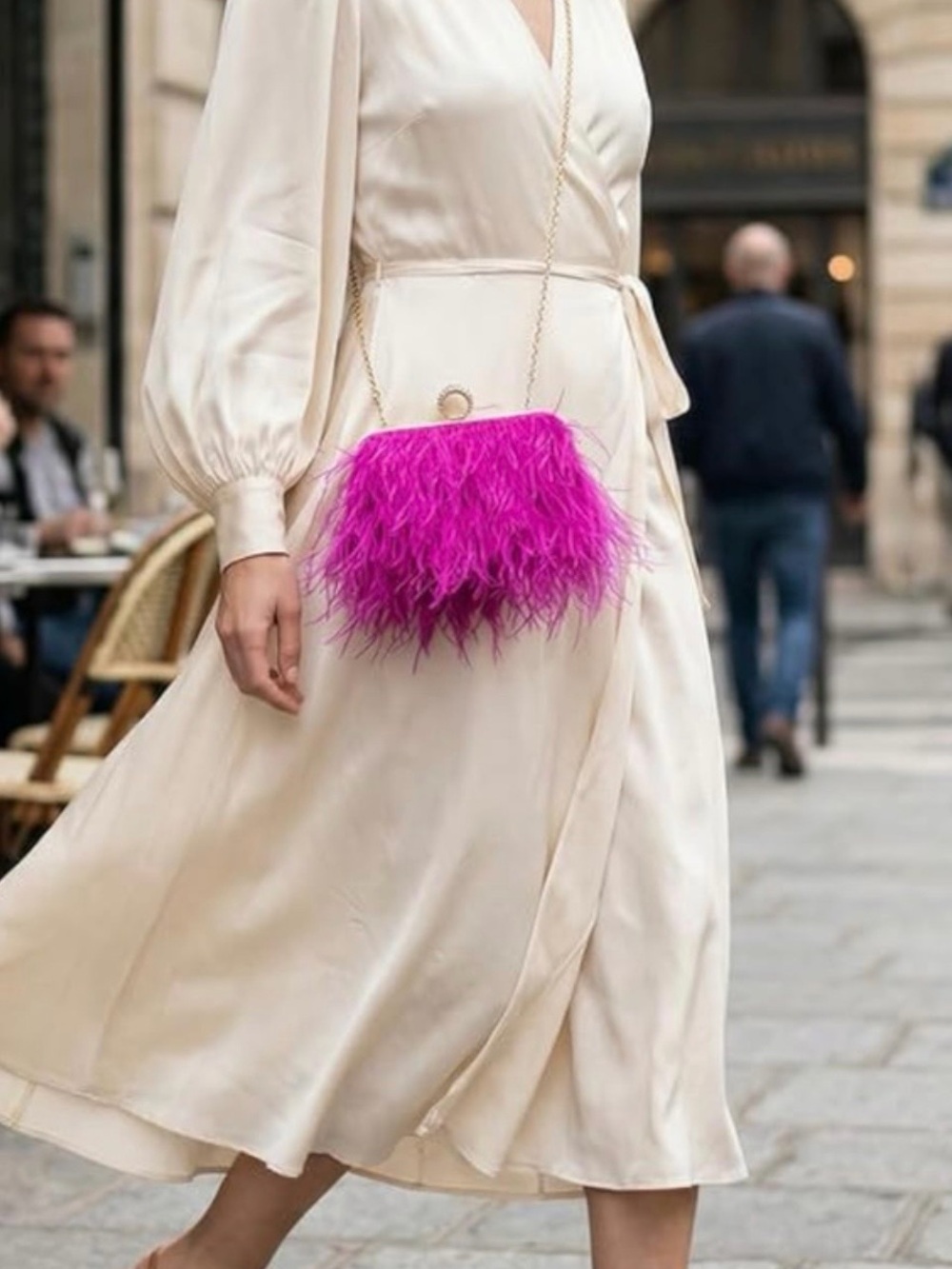 Fuchsia Feather Crossbody Bag with Gold Chain